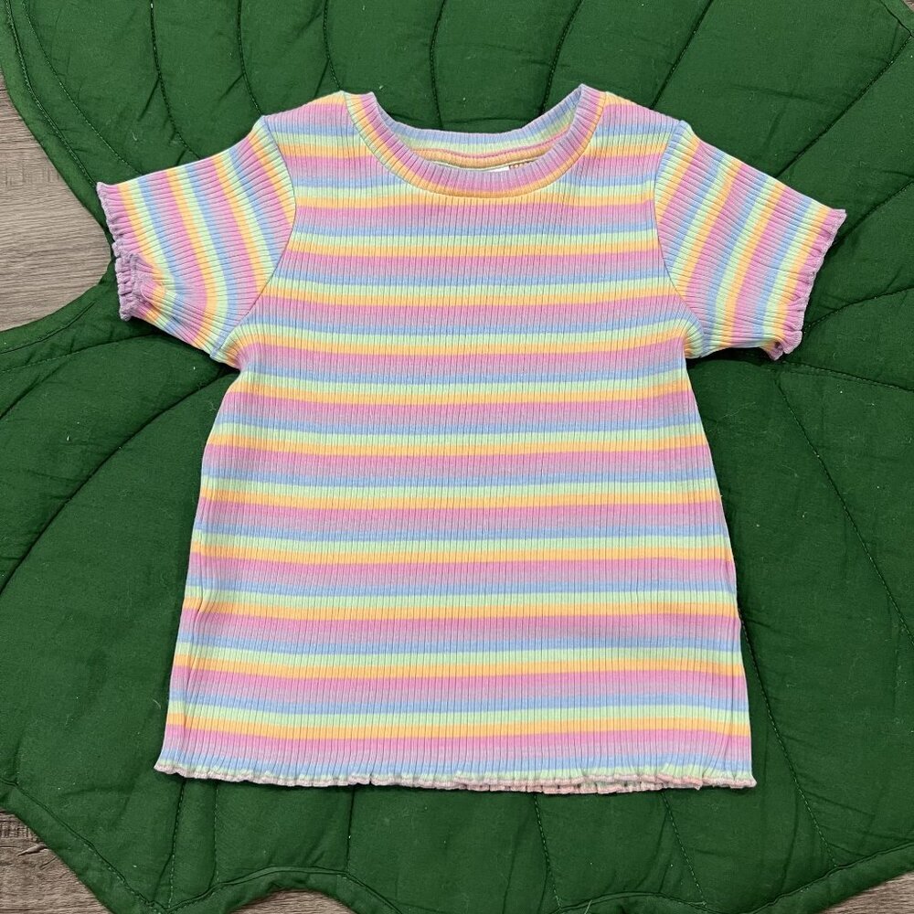 Cotton On Toddler 2 Rainbow Stripe Ribbed Short Sleeve Top Lettuce Trim